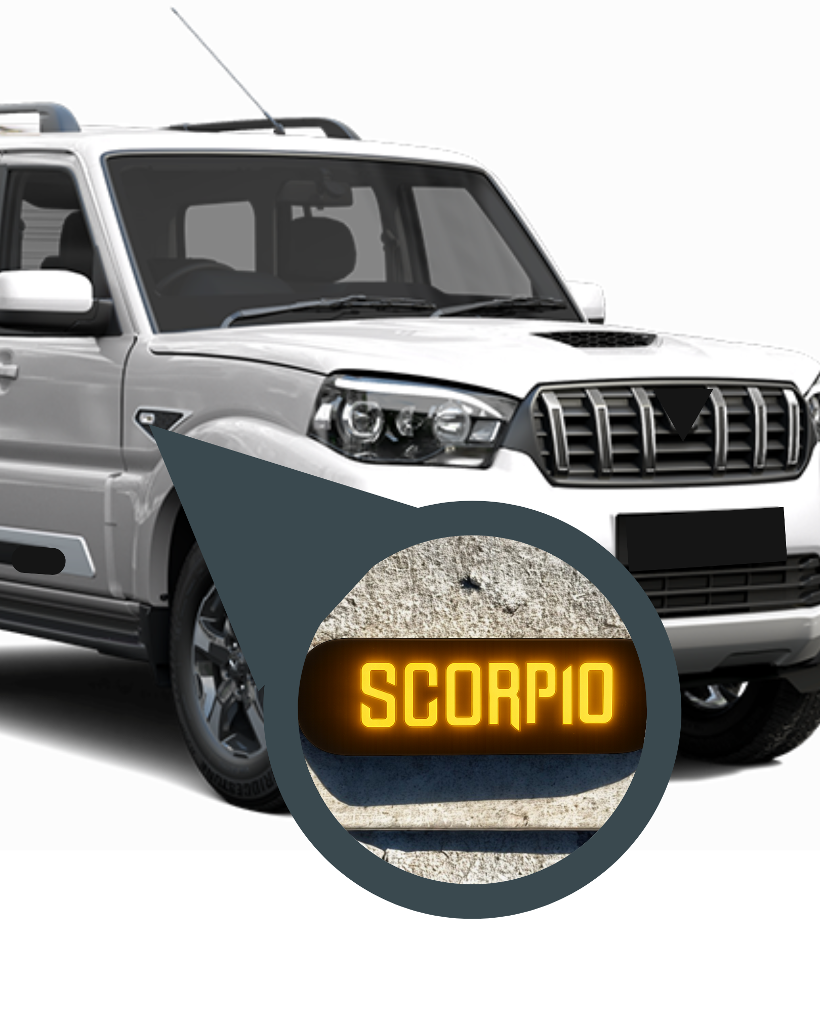 White SUV with a close-up of a 'SCORPIO' badge on a white background